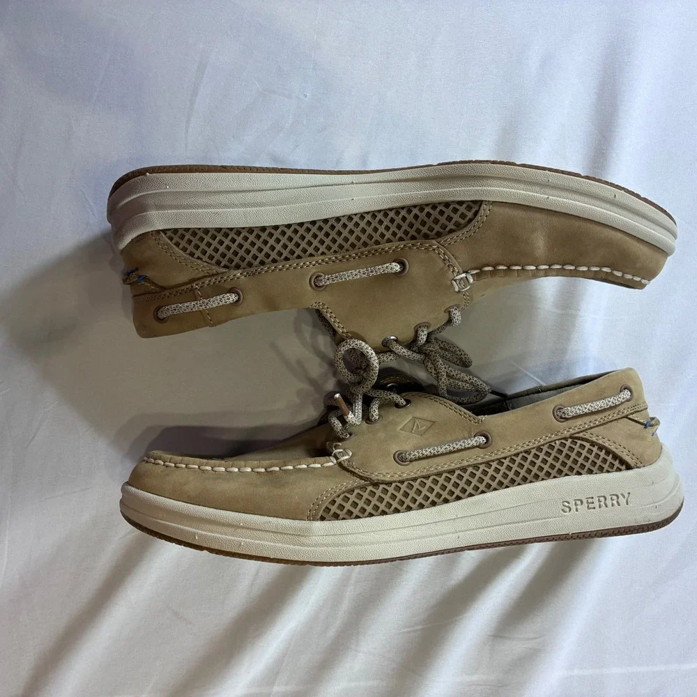 Sperry Top-Sider 7 Seas 3-Eye Tan Leather Mesh Boat Shoes Mens 10W STS14240